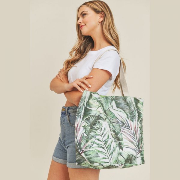 S30-1-1-MB0139 - HAND DRAWN TROPICAL LEAVES TOTE BAG - GREEN/6PCS