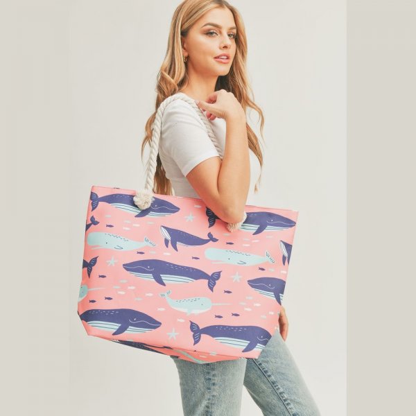 S30-1-1-MI-MB0173-WHALE PRINT TOTE BAG WITH ROPE HANDLES, ZIPPER CLOSURE AND INSIDE POCKET-PINK6PCS