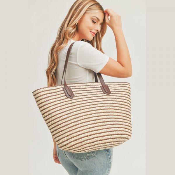 S30-1-1-MI-MB0177TP-STRIPED STRAW TOTE BAG WITH ZIPPER CLOSURE AND INSIDED POCKET-TAUPE-6PCS