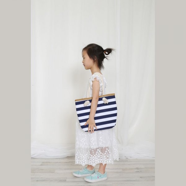 S18-3-4-HDG3912NV - KIDS STRIPED PRINT SUMMER TOTE BAG-NAVY/6PCS