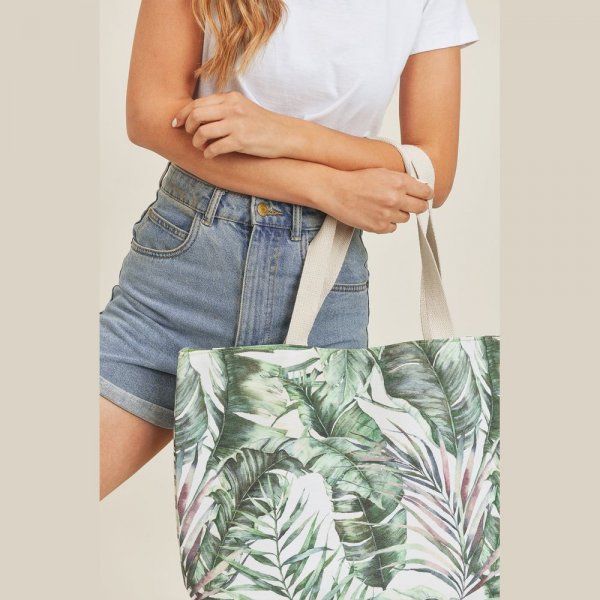 S30-1-1-MB0139 - HAND DRAWN TROPICAL LEAVES TOTE BAG - GREEN/6PCS