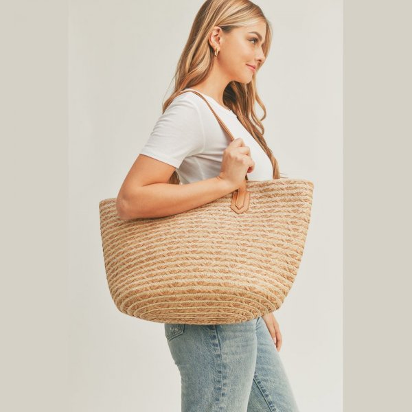 S30-1-1-MI-MB0177BE-STRIPED STRAW TOTE BAG WITH ZIPPER CLOSURE AND INSIDED POCKET-BEIGE-6PCS