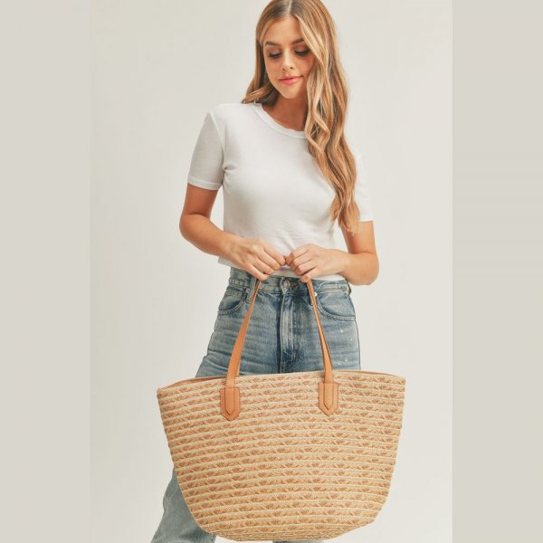 S30-1-1-MI-MB0177BE-STRIPED STRAW TOTE BAG WITH ZIPPER CLOSURE AND INSIDED POCKET-BEIGE-6PCS