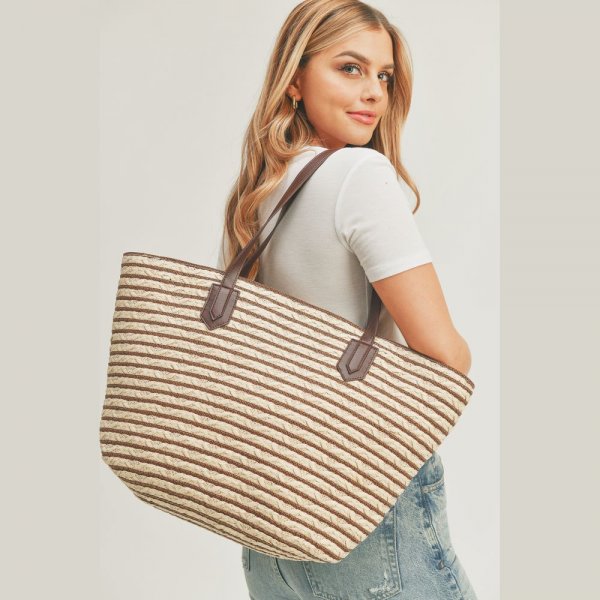 S30-1-1-MI-MB0177TP-STRIPED STRAW TOTE BAG WITH ZIPPER CLOSURE AND INSIDED POCKET-TAUPE-6PCS