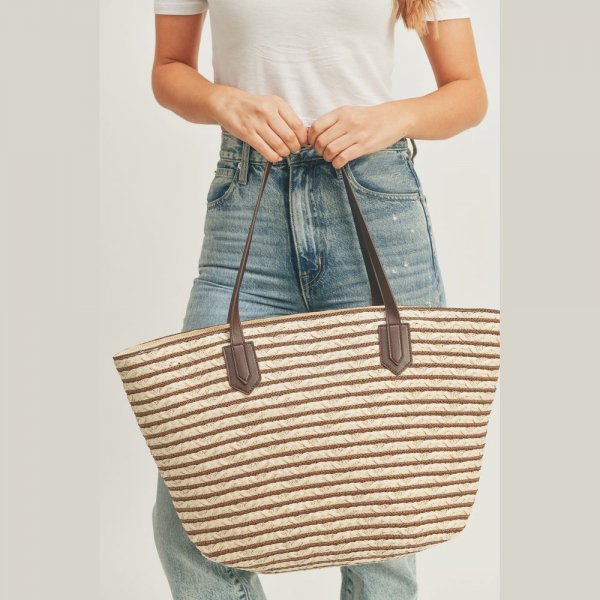 S30-1-1-MI-MB0177TP-STRIPED STRAW TOTE BAG WITH ZIPPER CLOSURE AND INSIDED POCKET-TAUPE-6PCS