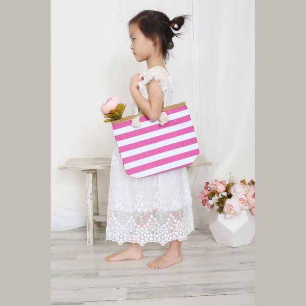 S17-3-3-HDG3912FS - KIDS STRIPED PRINT SUMMER TOTE BAG-FUCHSIA/6PCS