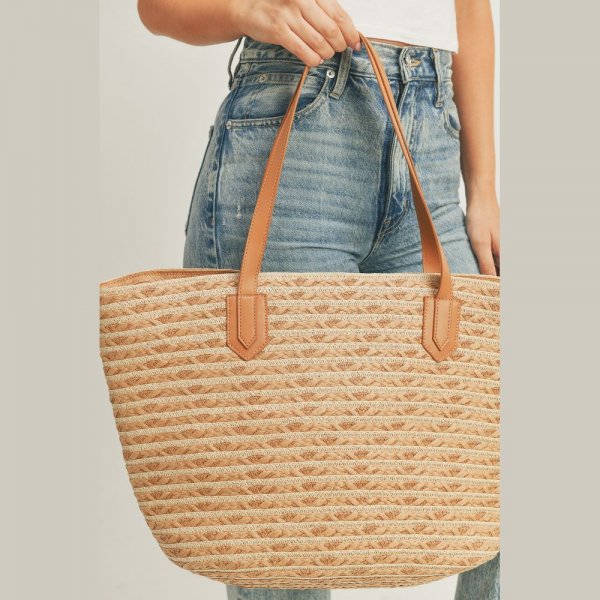 S30-1-1-MI-MB0177BE-STRIPED STRAW TOTE BAG WITH ZIPPER CLOSURE AND INSIDED POCKET-BEIGE-6PCS