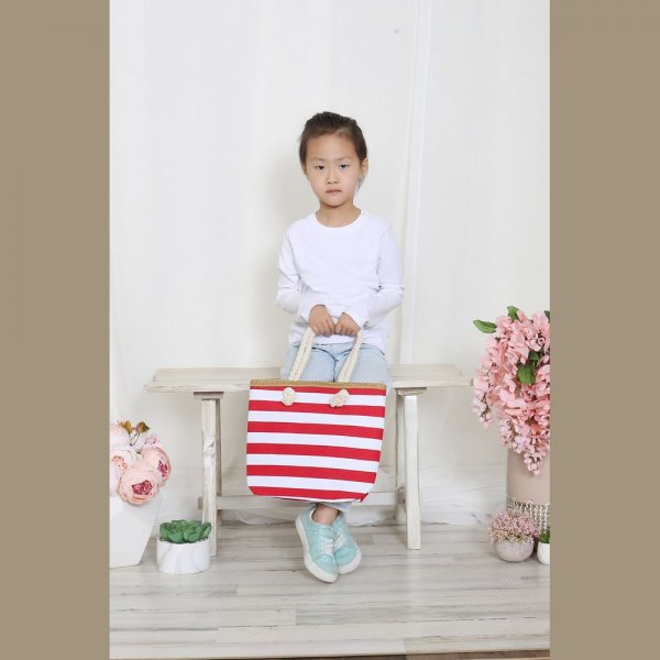 S18-3-4-HDG3912RD - KIDS STRIPED PRINT SUMMER TOTE BAG-RED/6PCS