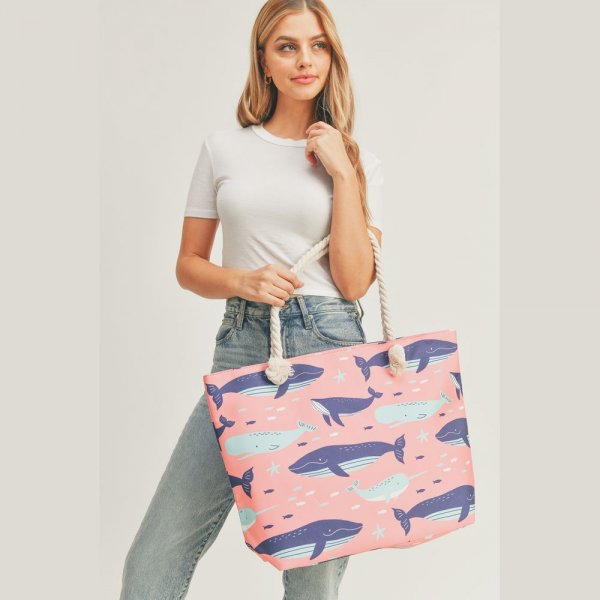 S30-1-1-MI-MB0173-WHALE PRINT TOTE BAG WITH ROPE HANDLES, ZIPPER CLOSURE AND INSIDE POCKET-PINK6PCS