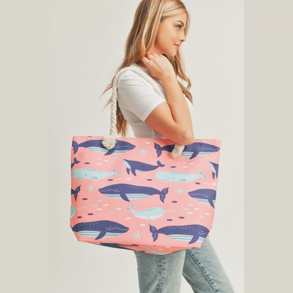 S30-1-1-MI-MB0173-WHALE PRINT TOTE BAG WITH ROPE HANDLES, ZIPPER CLOSURE AND INSIDE POCKET-PINK6PCS